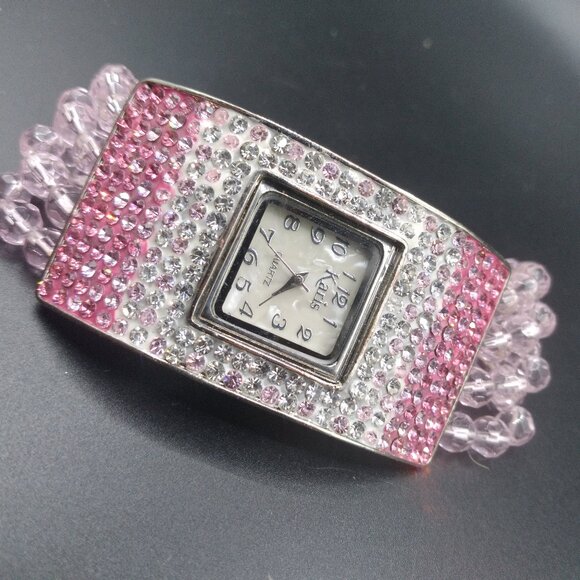 Pink Glass Beads Stretch Watch With Pink & Clear Rhinestones - Picture 1 of 7